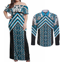 Maori Tukutuku Taniko Motifs Couples Matching Off Shoulder Maxi Dress and Long Sleeve Button Shirt Turquoise Poutama Mix Kowhaiwhai