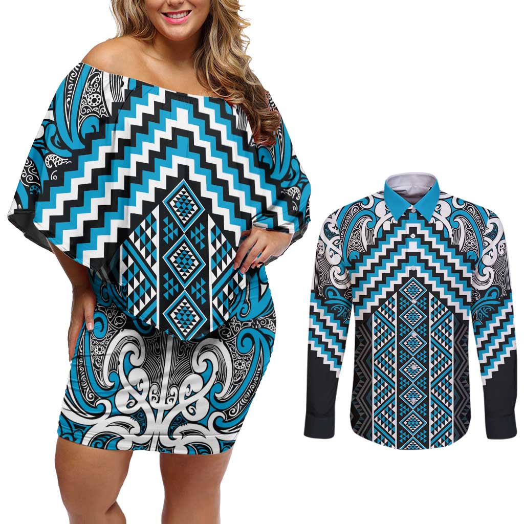 Maori Tukutuku Taniko Motifs Couples Matching Off Shoulder Short Dress and Long Sleeve Button Shirt Turquoise Poutama Mix Kowhaiwhai