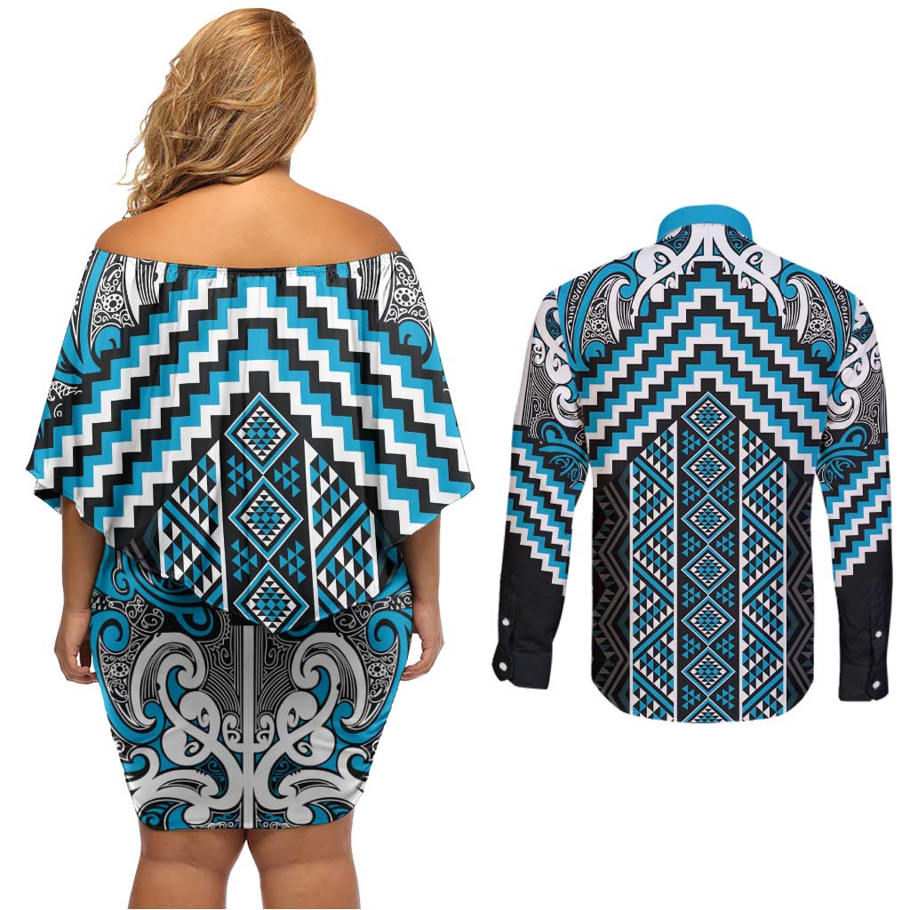 Maori Tukutuku Taniko Motifs Couples Matching Off Shoulder Short Dress and Long Sleeve Button Shirt Turquoise Poutama Mix Kowhaiwhai