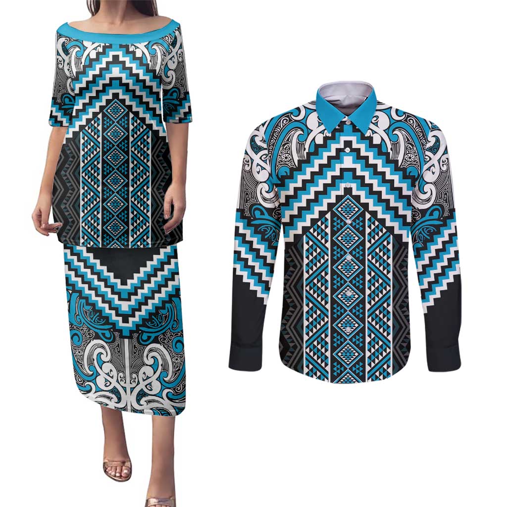 Maori Tukutuku Taniko Motifs Couples Matching Puletasi and Long Sleeve Button Shirt Turquoise Poutama Mix Kowhaiwhai