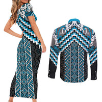Maori Tukutuku Taniko Motifs Couples Matching Short Sleeve Bodycon Dress and Long Sleeve Button Shirt Turquoise Poutama Mix Kowhaiwhai