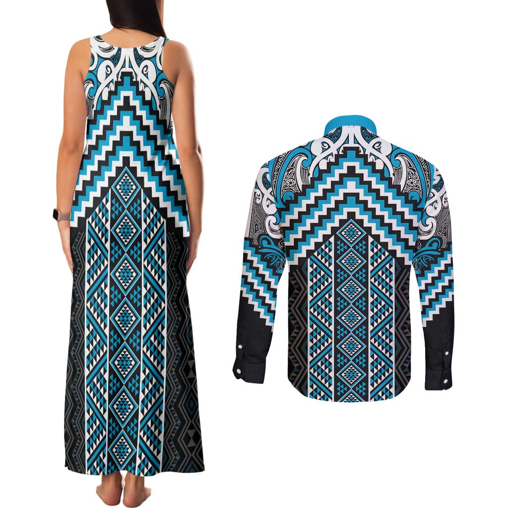 Maori Tukutuku Taniko Motifs Couples Matching Tank Maxi Dress and Long Sleeve Button Shirt Turquoise Poutama Mix Kowhaiwhai