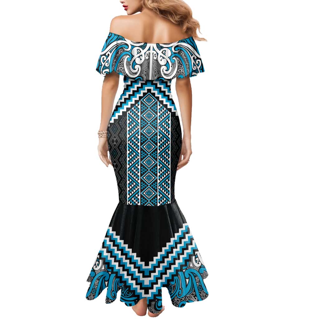 Maori Tukutuku Taniko Motifs Family Matching Mermaid Dress and Hawaiian Shirt Turquoise Poutama Mix Kowhaiwhai