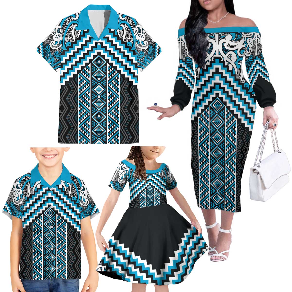 Maori Tukutuku Taniko Motifs Family Matching Off The Shoulder Long Sleeve Dress and Hawaiian Shirt Turquoise Poutama Mix Kowhaiwhai