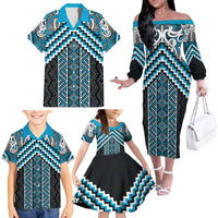 Maori Tukutuku Taniko Motifs Family Matching Off The Shoulder Long Sleeve Dress and Hawaiian Shirt Turquoise Poutama Mix Kowhaiwhai