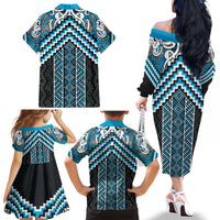 Maori Tukutuku Taniko Motifs Family Matching Off The Shoulder Long Sleeve Dress and Hawaiian Shirt Turquoise Poutama Mix Kowhaiwhai