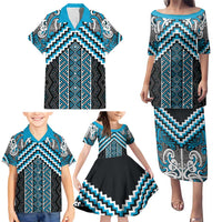 Maori Tukutuku Taniko Motifs Family Matching Puletasi and Hawaiian Shirt Turquoise Poutama Mix Kowhaiwhai