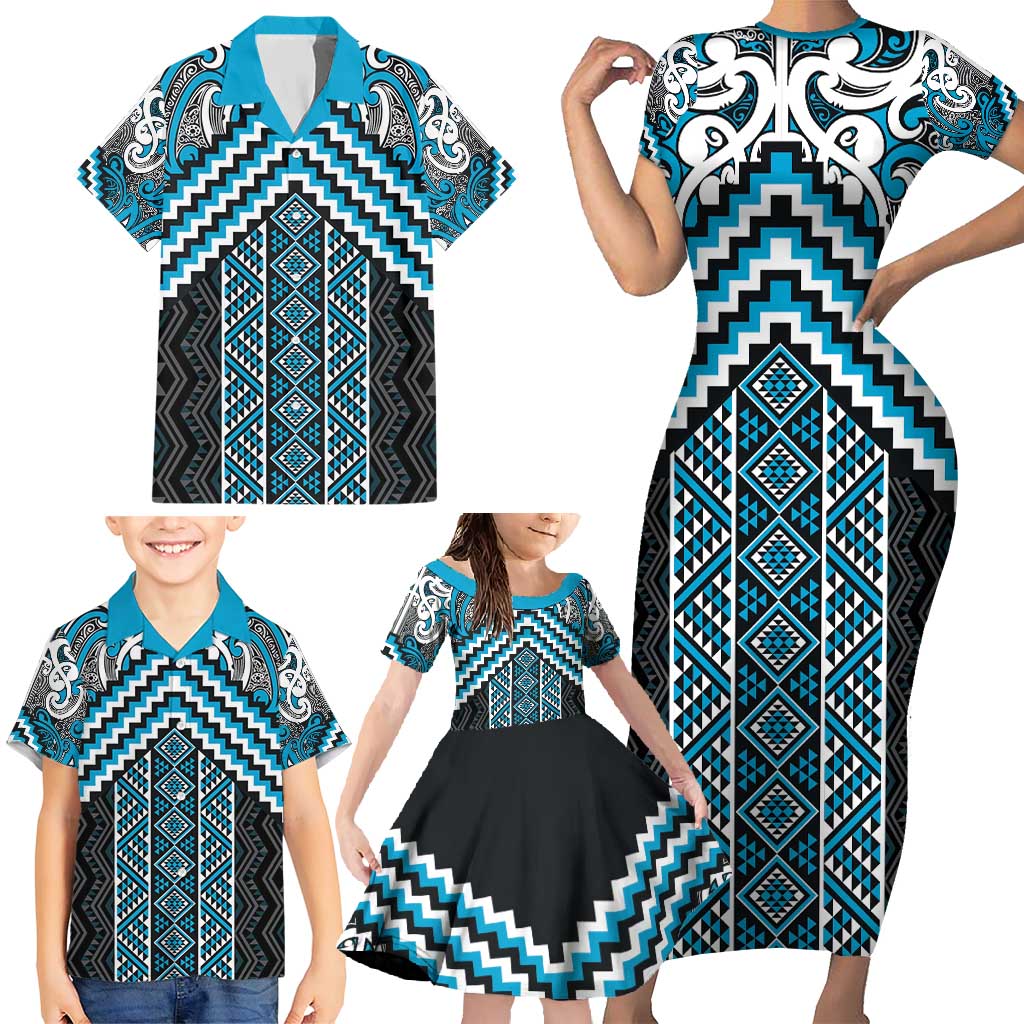 Maori Tukutuku Taniko Motifs Family Matching Short Sleeve Bodycon Dress and Hawaiian Shirt Turquoise Poutama Mix Kowhaiwhai