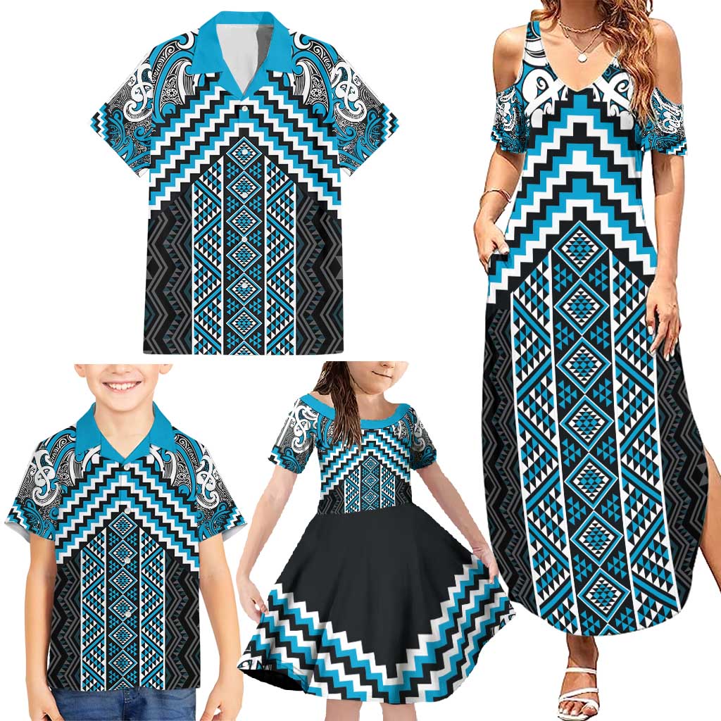 Maori Tukutuku Taniko Motifs Family Matching Summer Maxi Dress and Hawaiian Shirt Turquoise Poutama Mix Kowhaiwhai