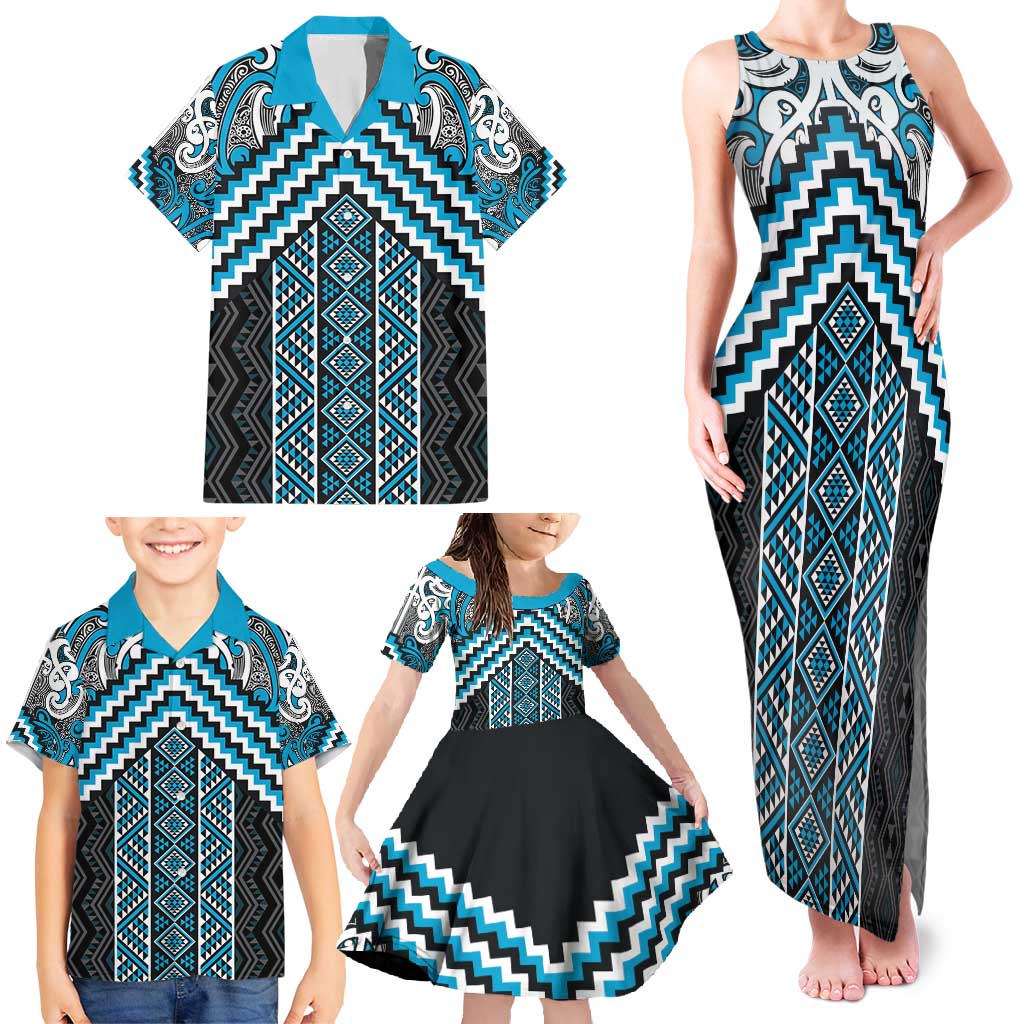 Maori Tukutuku Taniko Motifs Family Matching Tank Maxi Dress and Hawaiian Shirt Turquoise Poutama Mix Kowhaiwhai