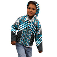 Maori Tukutuku Taniko Motifs Kid Hoodie Turquoise Poutama Mix Kowhaiwhai