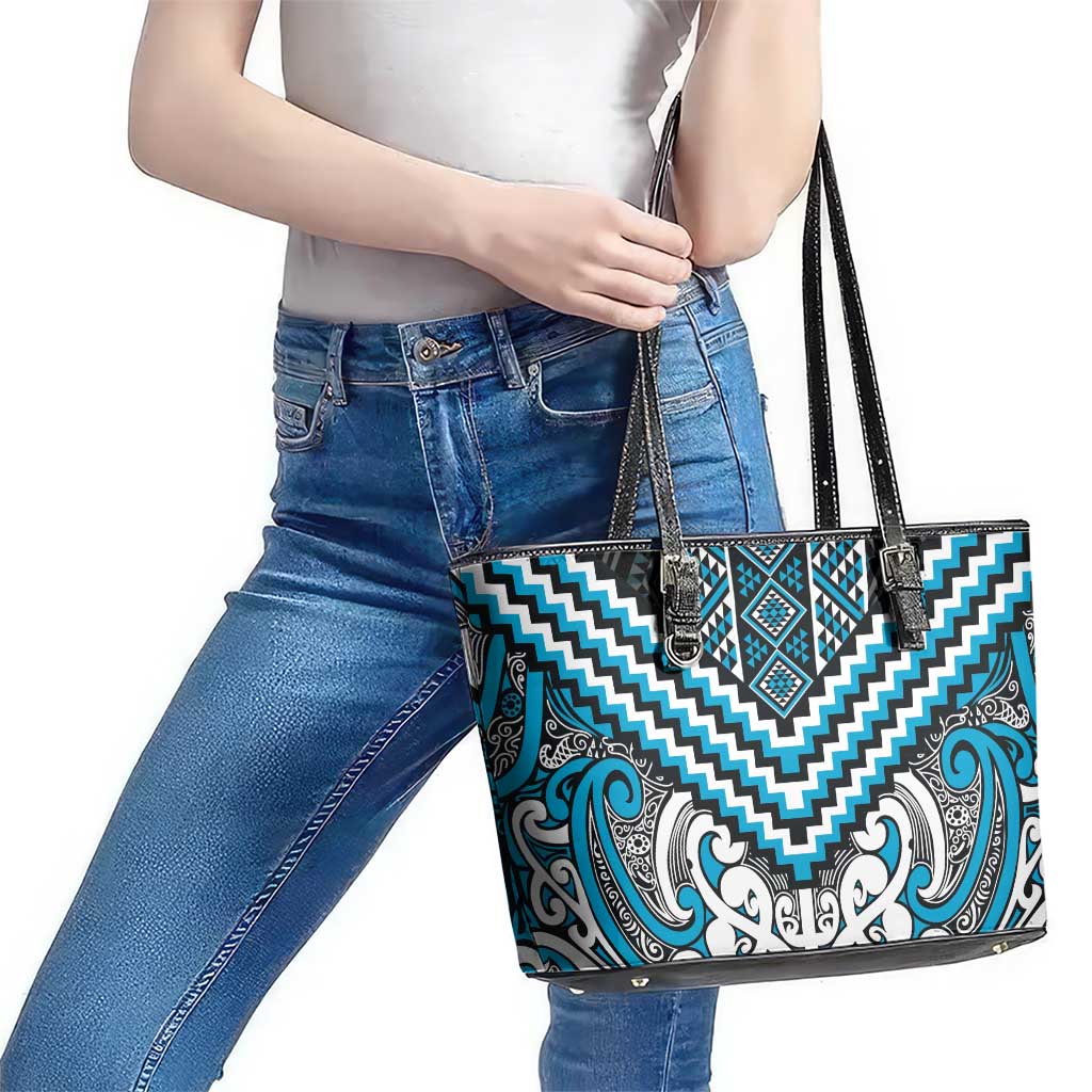 Maori Tukutuku Taniko Motifs Leather Tote Bag Turquoise Poutama Mix Kowhaiwhai