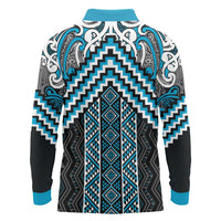 Maori Tukutuku Taniko Motifs Long Sleeve Polo Shirt Turquoise Poutama Mix Kowhaiwhai