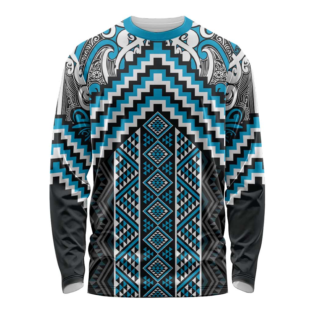 Maori Tukutuku Taniko Motifs Long Sleeve Shirt Turquoise Poutama Mix Kowhaiwhai