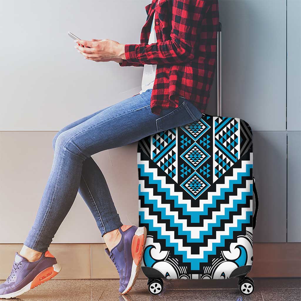 Maori Tukutuku Taniko Motifs Luggage Cover Turquoise Poutama Mix Kowhaiwhai