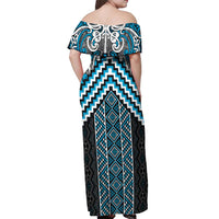 Maori Tukutuku Taniko Motifs Off Shoulder Maxi Dress Turquoise Poutama Mix Kowhaiwhai