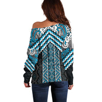 Maori Tukutuku Taniko Motifs Off Shoulder Sweater Turquoise Poutama Mix Kowhaiwhai