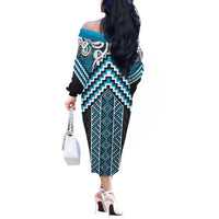 Maori Tukutuku Taniko Motifs Off The Shoulder Long Sleeve Dress Turquoise Poutama Mix Kowhaiwhai