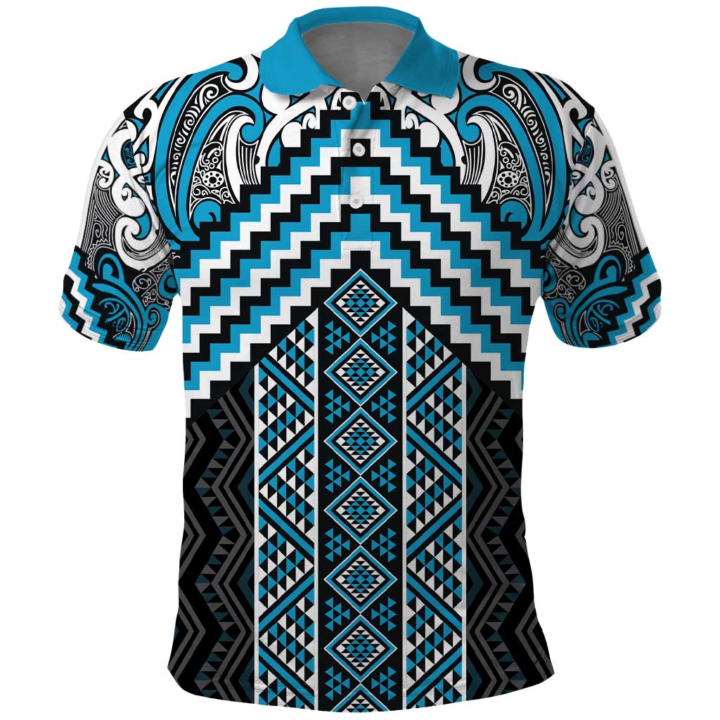 Maori Tukutuku Taniko Motifs Polo Shirt Turquoise Poutama Mix Kowhaiwhai