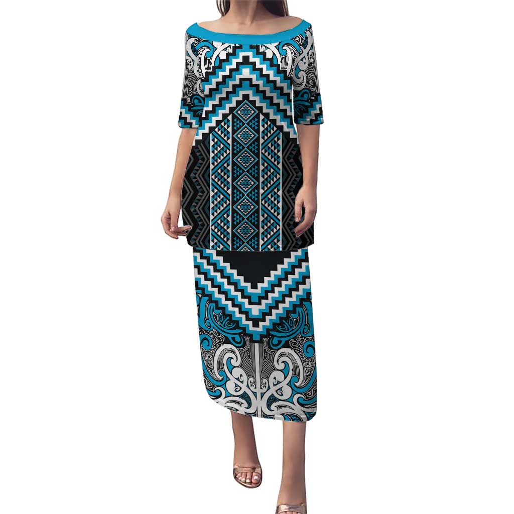 Maori Tukutuku Taniko Motifs Puletasi Turquoise Poutama Mix Kowhaiwhai LT7 Long Dress Turquoise - Polynesian Pride
