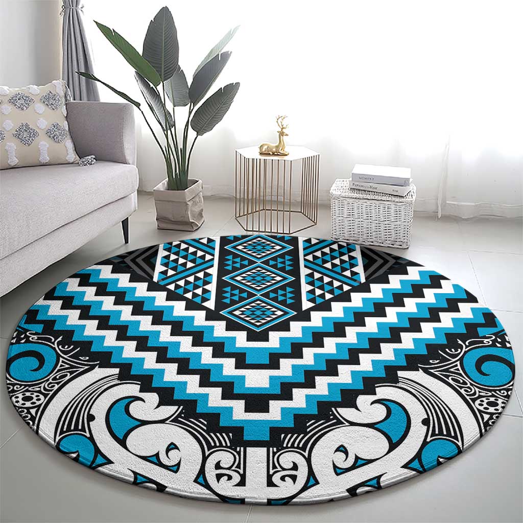 Maori Tukutuku Taniko Motifs Round Carpet Turquoise Poutama Mix Kowhaiwhai