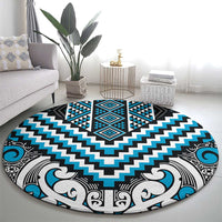 Maori Tukutuku Taniko Motifs Round Carpet Turquoise Poutama Mix Kowhaiwhai