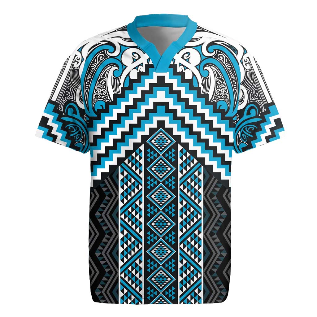 Maori Tukutuku Taniko Motifs Rugby Jersey Turquoise Poutama Mix Kowhaiwhai