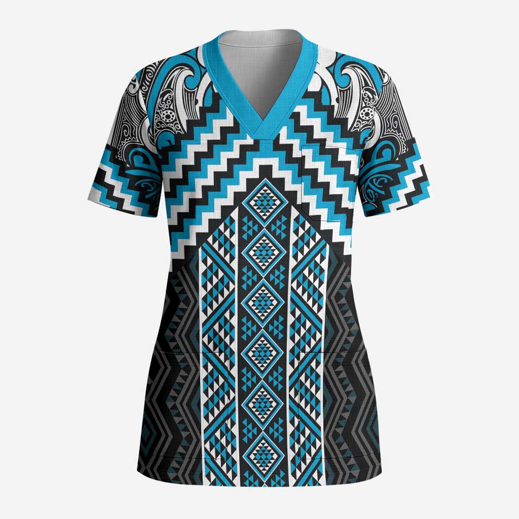 Maori Tukutuku Taniko Motifs Scrub Top Turquoise Poutama Mix Kowhaiwhai LT7 Adult Turquoise - Polynesian Pride