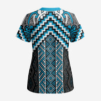 Maori Tukutuku Taniko Motifs Scrub Top Turquoise Poutama Mix Kowhaiwhai LT7 - Polynesian Pride