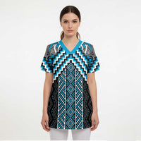 Maori Tukutuku Taniko Motifs Scrub Top Turquoise Poutama Mix Kowhaiwhai LT7 - Polynesian Pride