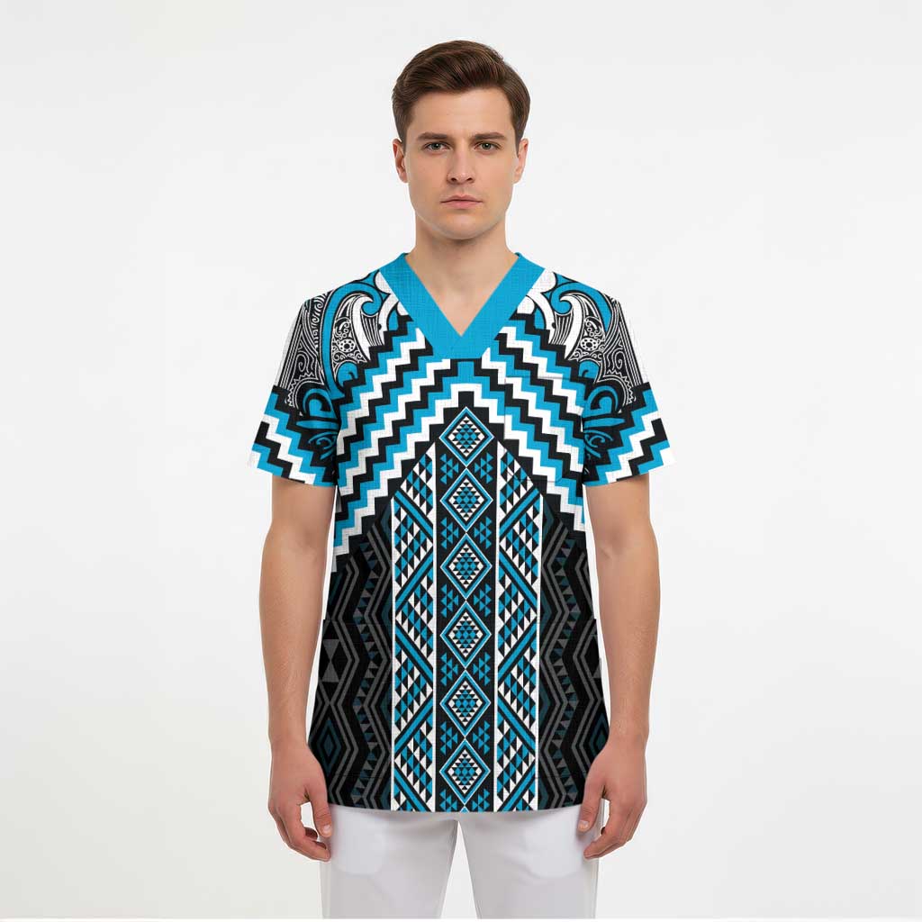 Maori Tukutuku Taniko Motifs Scrub Top Turquoise Poutama Mix Kowhaiwhai LT7 - Polynesian Pride