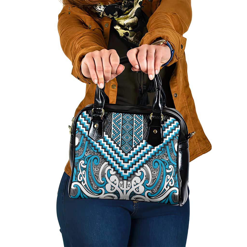 Maori Tukutuku Taniko Motifs Shoulder Handbag Turquoise Poutama Mix Kowhaiwhai