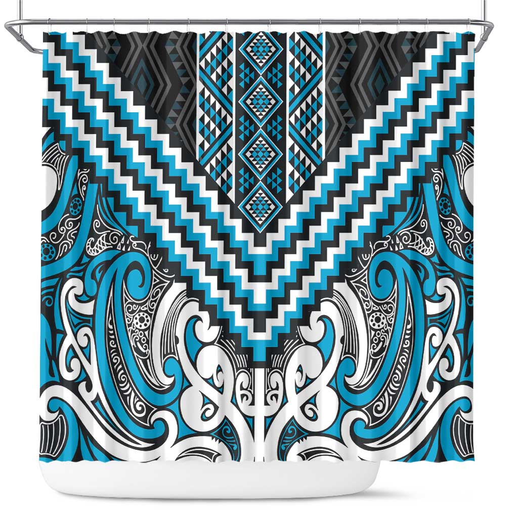 Maori Tukutuku Taniko Motifs Shower Curtain Turquoise Poutama Mix Kowhaiwhai