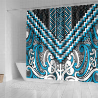 Maori Tukutuku Taniko Motifs Shower Curtain Turquoise Poutama Mix Kowhaiwhai