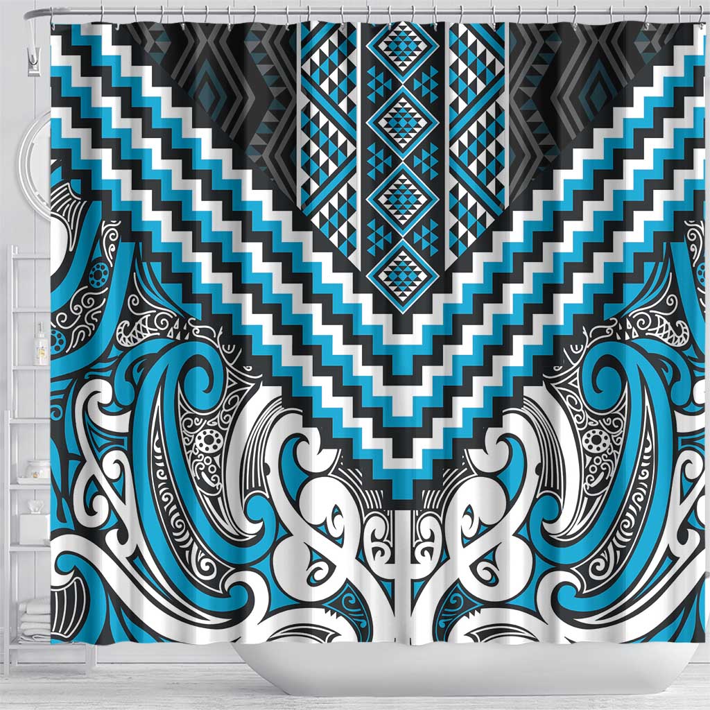 Maori Tukutuku Taniko Motifs Shower Curtain Turquoise Poutama Mix Kowhaiwhai