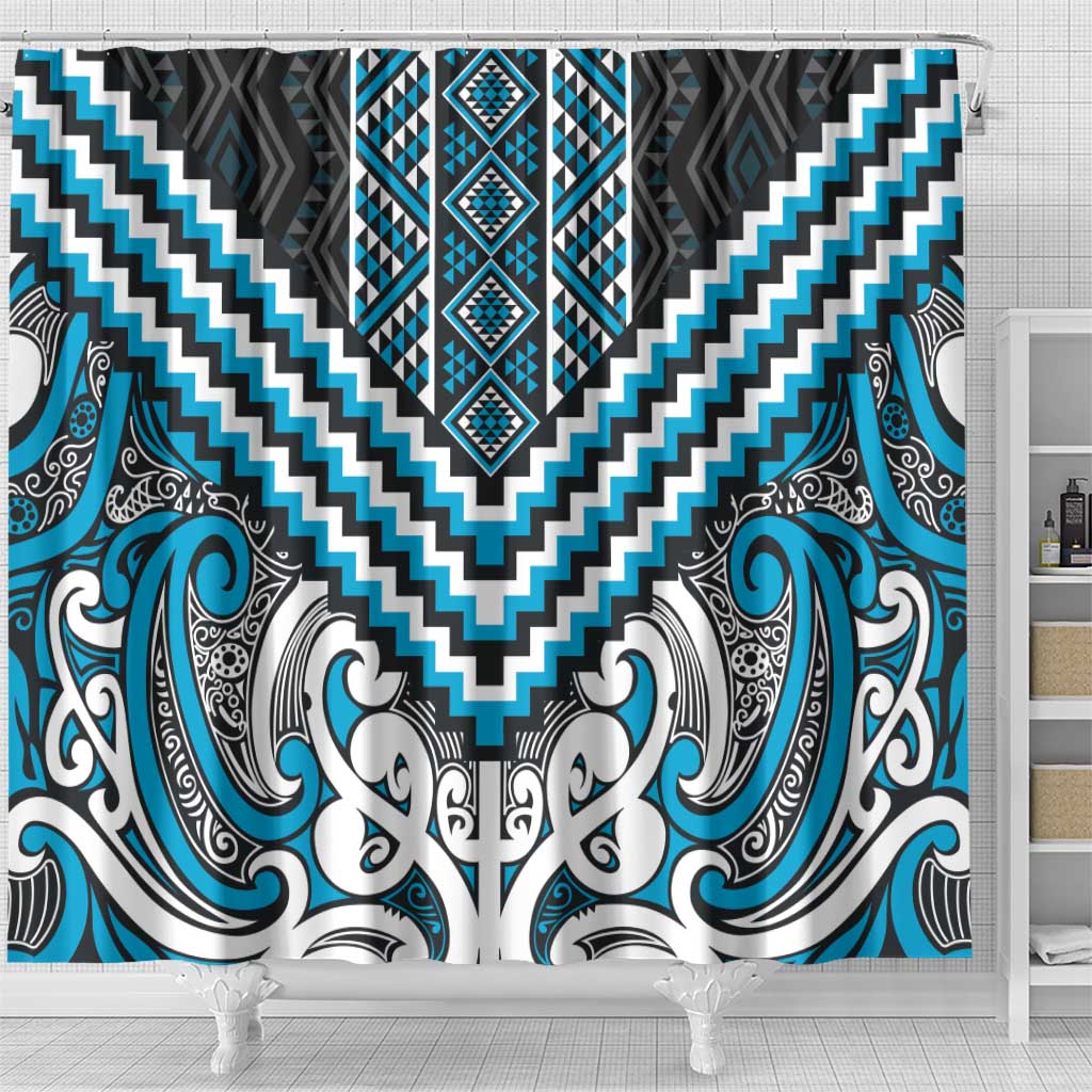 Maori Tukutuku Taniko Motifs Shower Curtain Turquoise Poutama Mix Kowhaiwhai