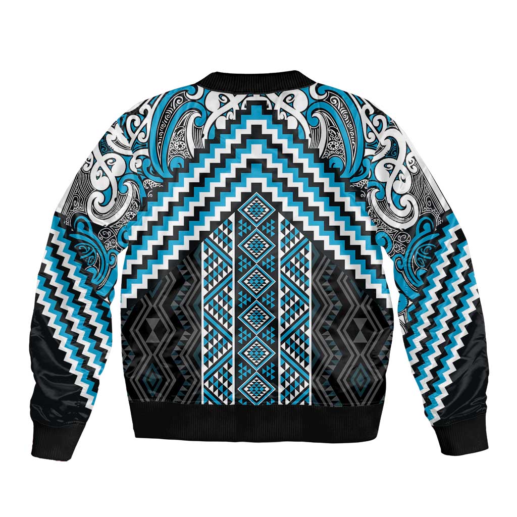 Maori Tukutuku Taniko Motifs Sleeve Zip Bomber Jacket Turquoise Poutama Mix Kowhaiwhai