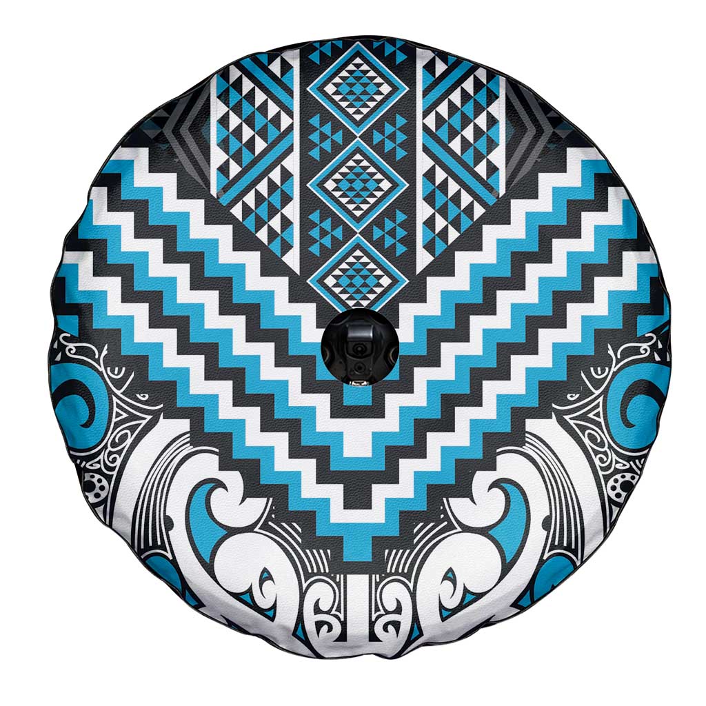Maori Tukutuku Taniko Motifs Spare Tire Cover Turquoise Poutama Mix Kowhaiwhai