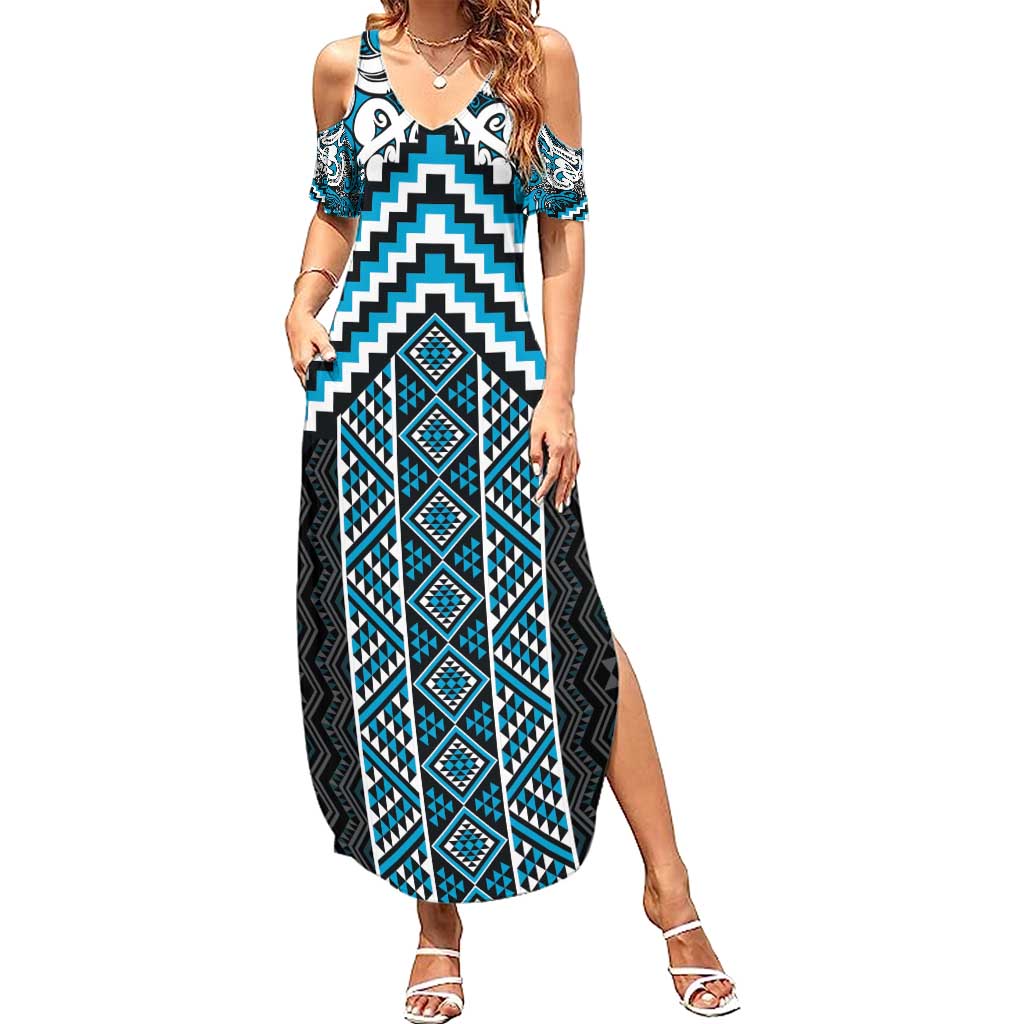 Maori Tukutuku Taniko Motifs Summer Maxi Dress Turquoise Poutama Mix Kowhaiwhai LT7 Women Turquoise - Polynesian Pride