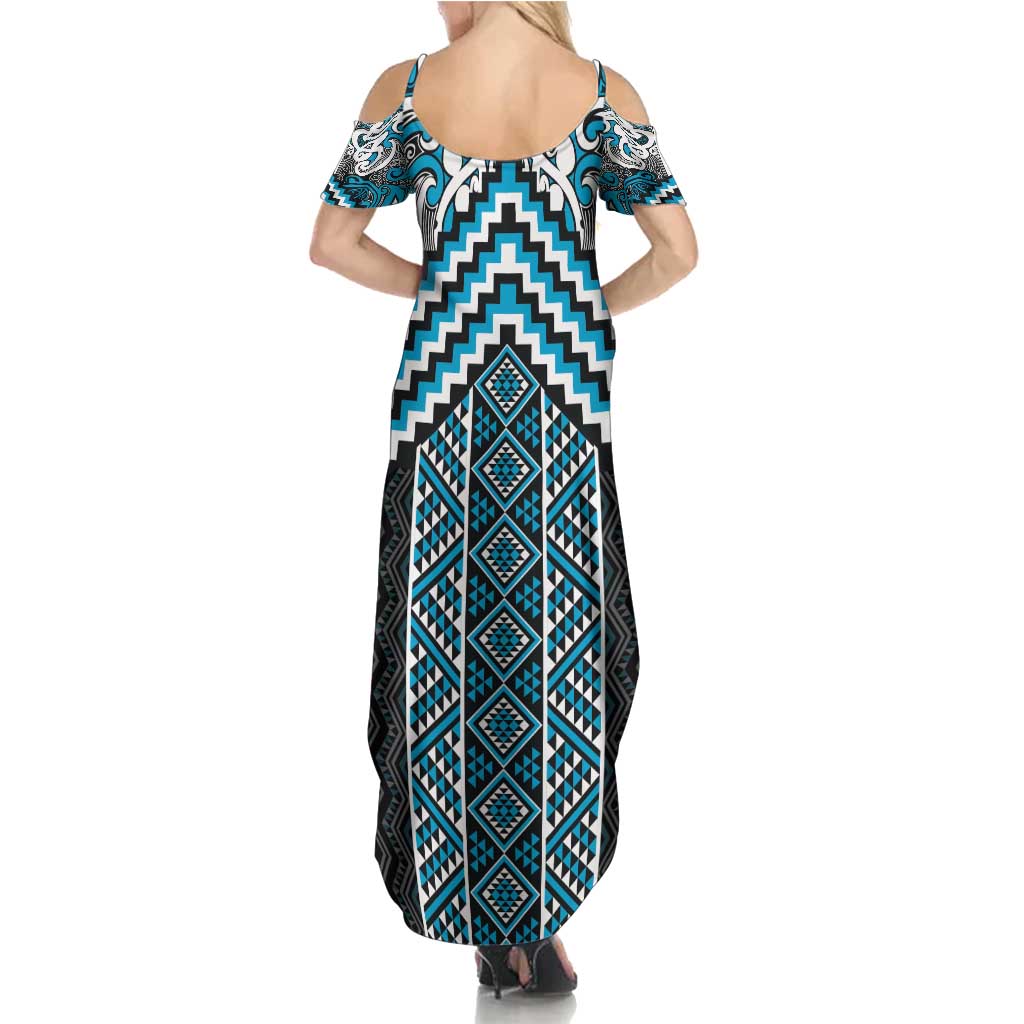 Maori Tukutuku Taniko Motifs Summer Maxi Dress Turquoise Poutama Mix Kowhaiwhai LT7 - Polynesian Pride