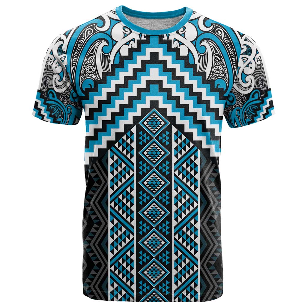 Maori Tukutuku Taniko Motifs T Shirt Turquoise Poutama Mix Kowhaiwhai