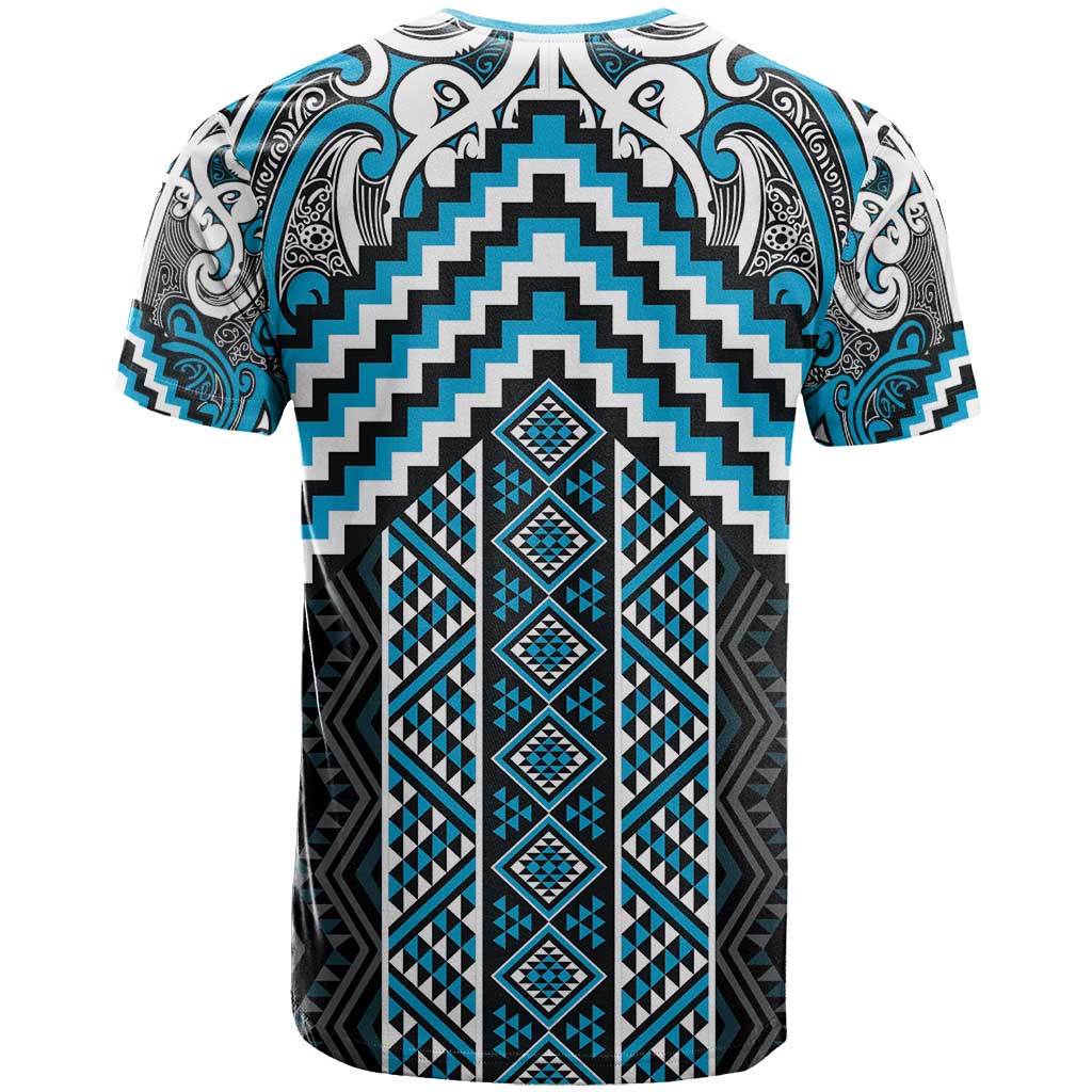 Maori Tukutuku Taniko Motifs T Shirt Turquoise Poutama Mix Kowhaiwhai