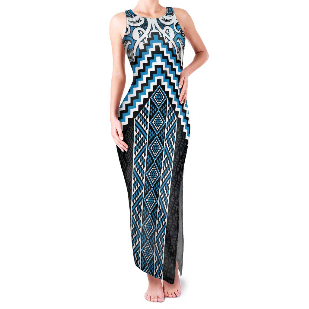 Maori Tukutuku Taniko Motifs Tank Maxi Dress Turquoise Poutama Mix Kowhaiwhai LT7 Women Turquoise - Polynesian Pride