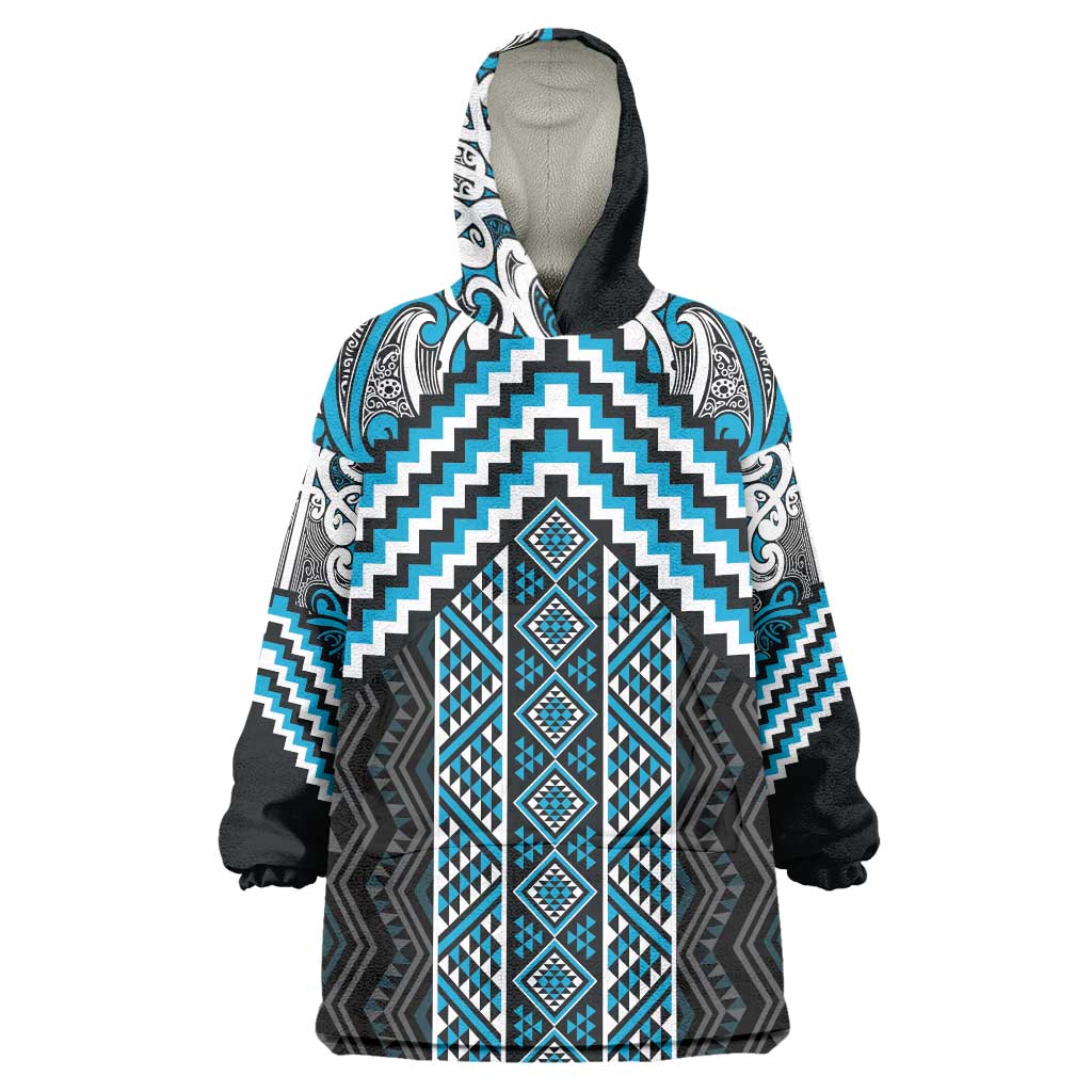 Maori Tukutuku Taniko Motifs Wearable Blanket Hoodie Turquoise Poutama Mix Kowhaiwhai LT7 One Size Turquoise - Polynesian Pride