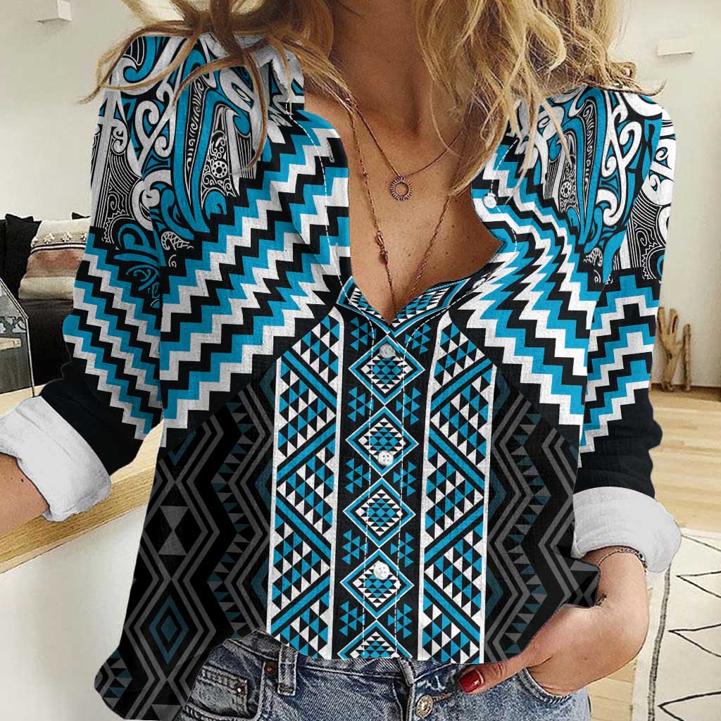 Maori Tukutuku Taniko Motifs Women Casual Shirt Turquoise Poutama Mix Kowhaiwhai