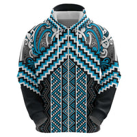 Maori Tukutuku Taniko Motifs Zip Hoodie Turquoise Poutama Mix Kowhaiwhai