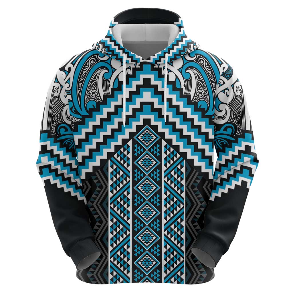 Maori Tukutuku Taniko Motifs Zip Hoodie Turquoise Poutama Mix Kowhaiwhai