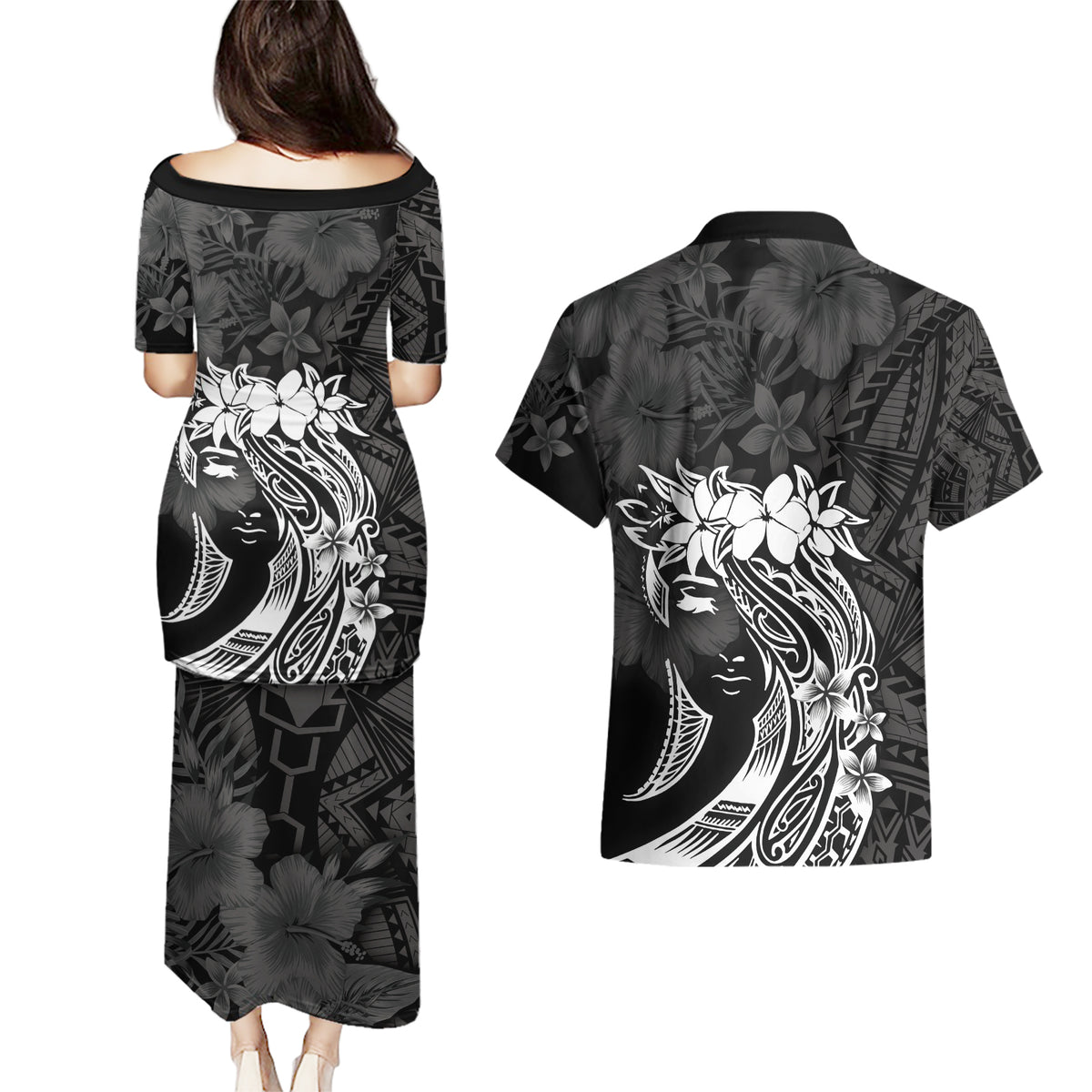 Polynesian Women's Day Couples Matching Puletasi and Hawaiian Shirt Plumeria Passion - Black LT7 - Polynesian Pride