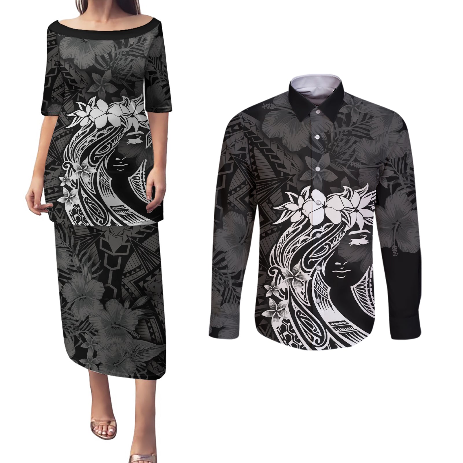 Polynesian Women's Day Couples Matching Puletasi and Long Sleeve Button Shirt Plumeria Passion - Black LT7 Black - Polynesian Pride