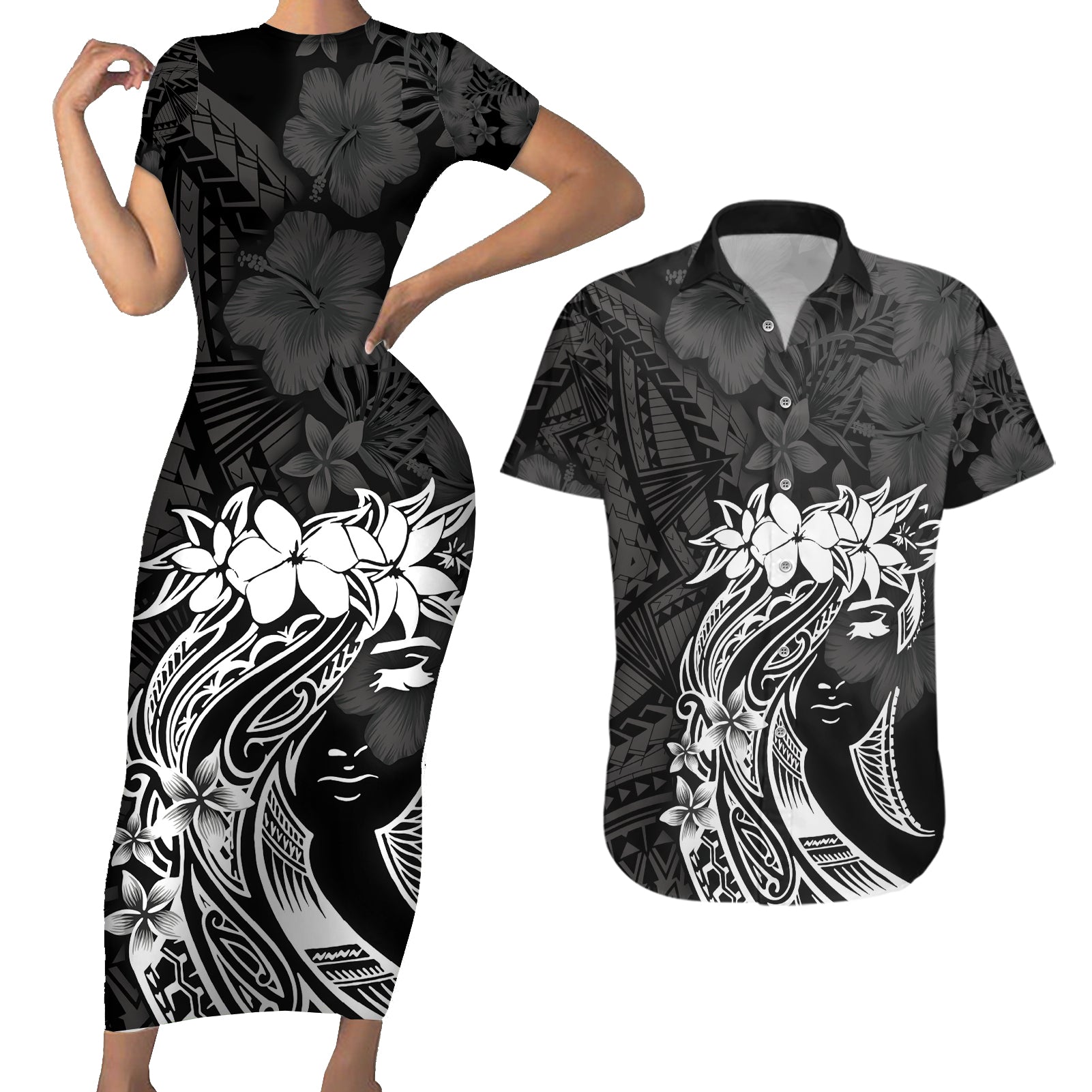 Polynesian Women's Day Couples Matching Short Sleeve Bodycon Dress and Hawaiian Shirt Plumeria Passion - Black LT7 Black - Polynesian Pride